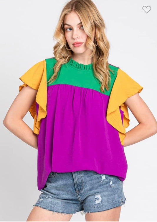 Colorblock Mardi Gras Ruffle Sleeve