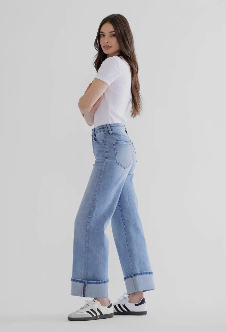 High Rise Wide Leg Cuffed Denim