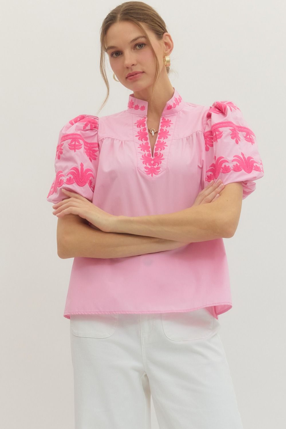 Embroidered Bubble Sleeve Top
