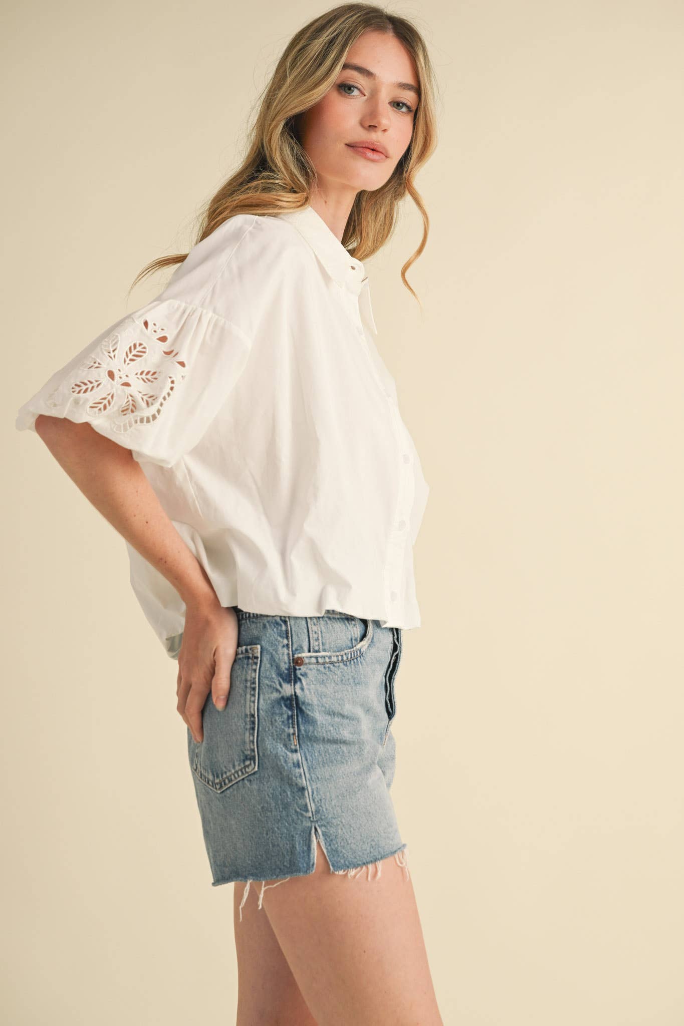 Embroidered Bubble Sleeve Top