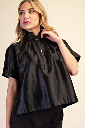 Stand Collar Button Placket Glossy Shirt
