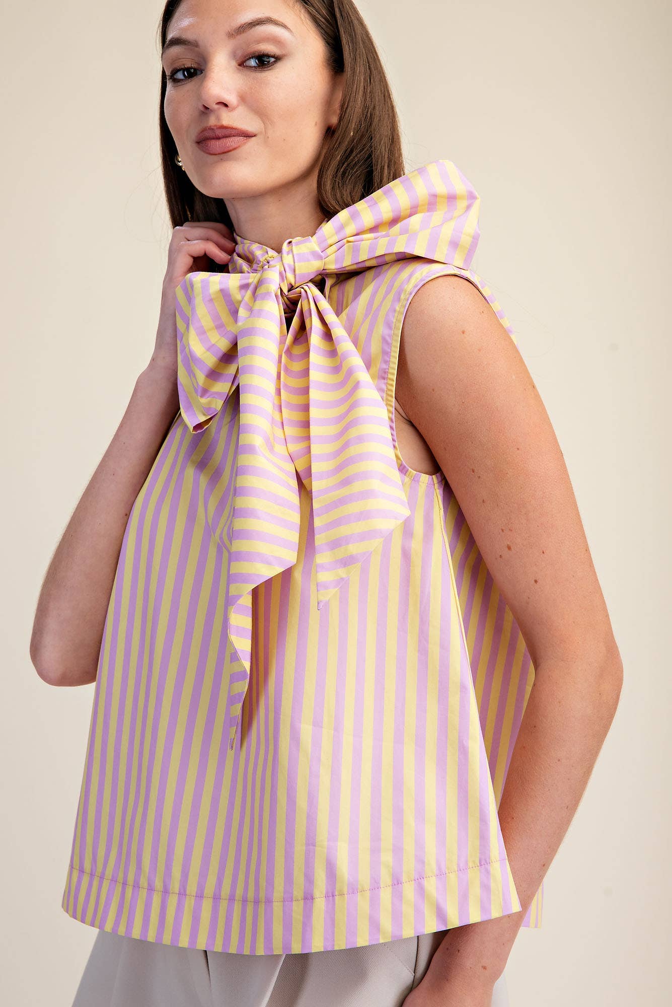 Tie Neck Sleeveless Stripe Top