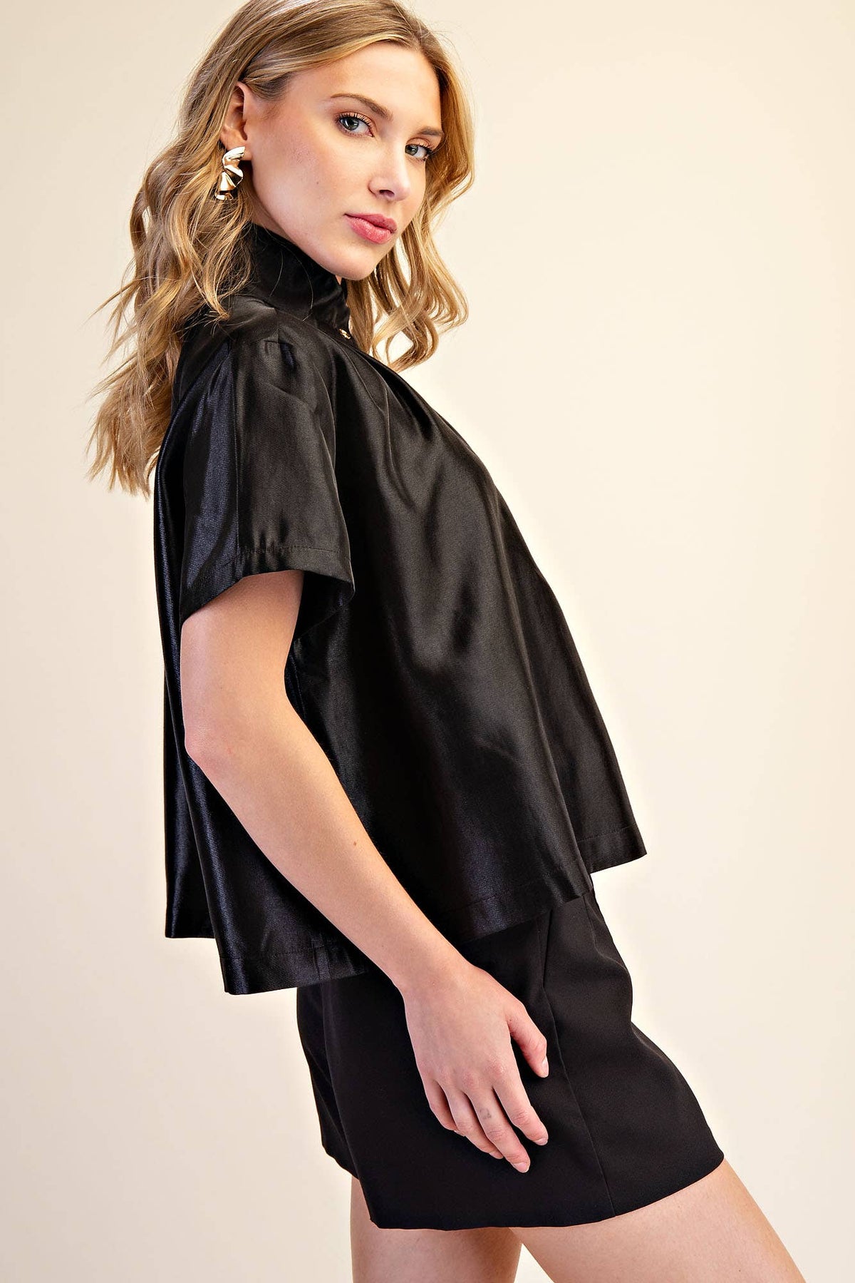 Stand Collar Button Placket Glossy Shirt