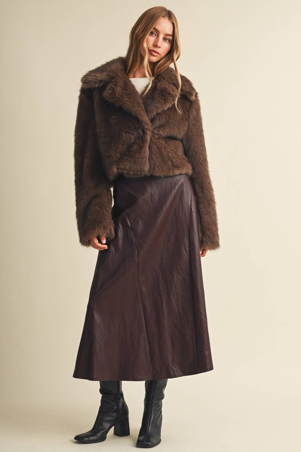 Wide Notched Lapel Faux Fur Jacket