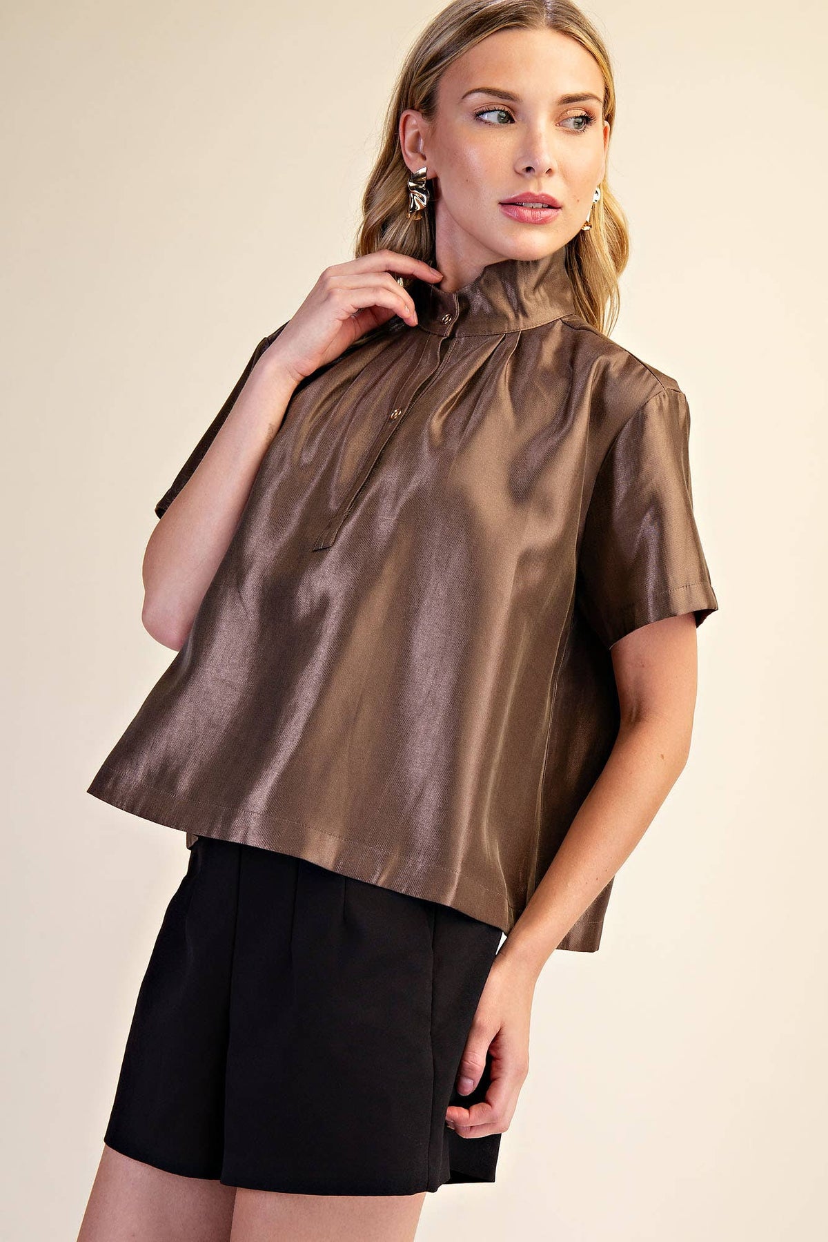 Stand Collar Button Placket Glossy Shirt