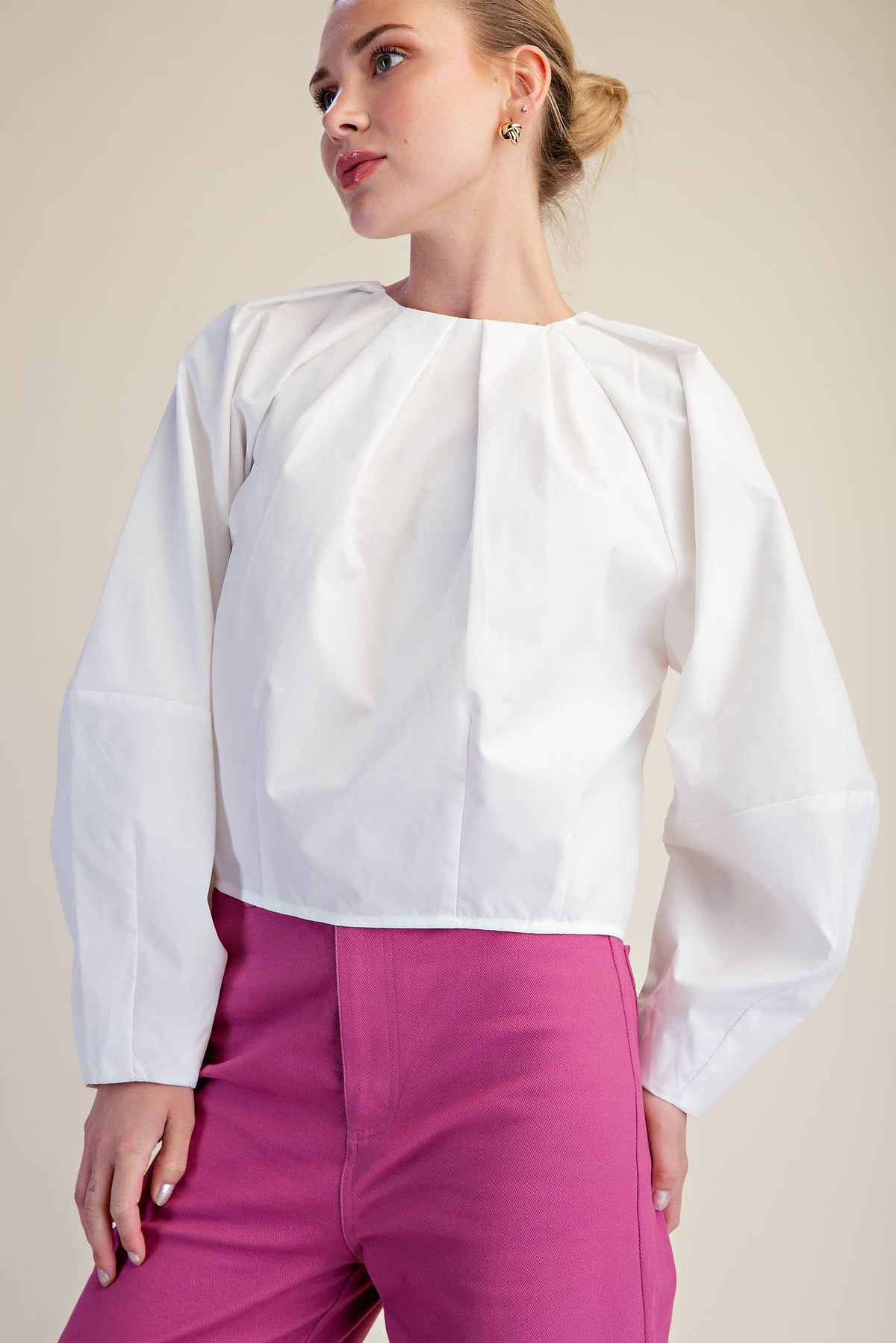 Balloon Poplin Shirt With Round Pleated Neck