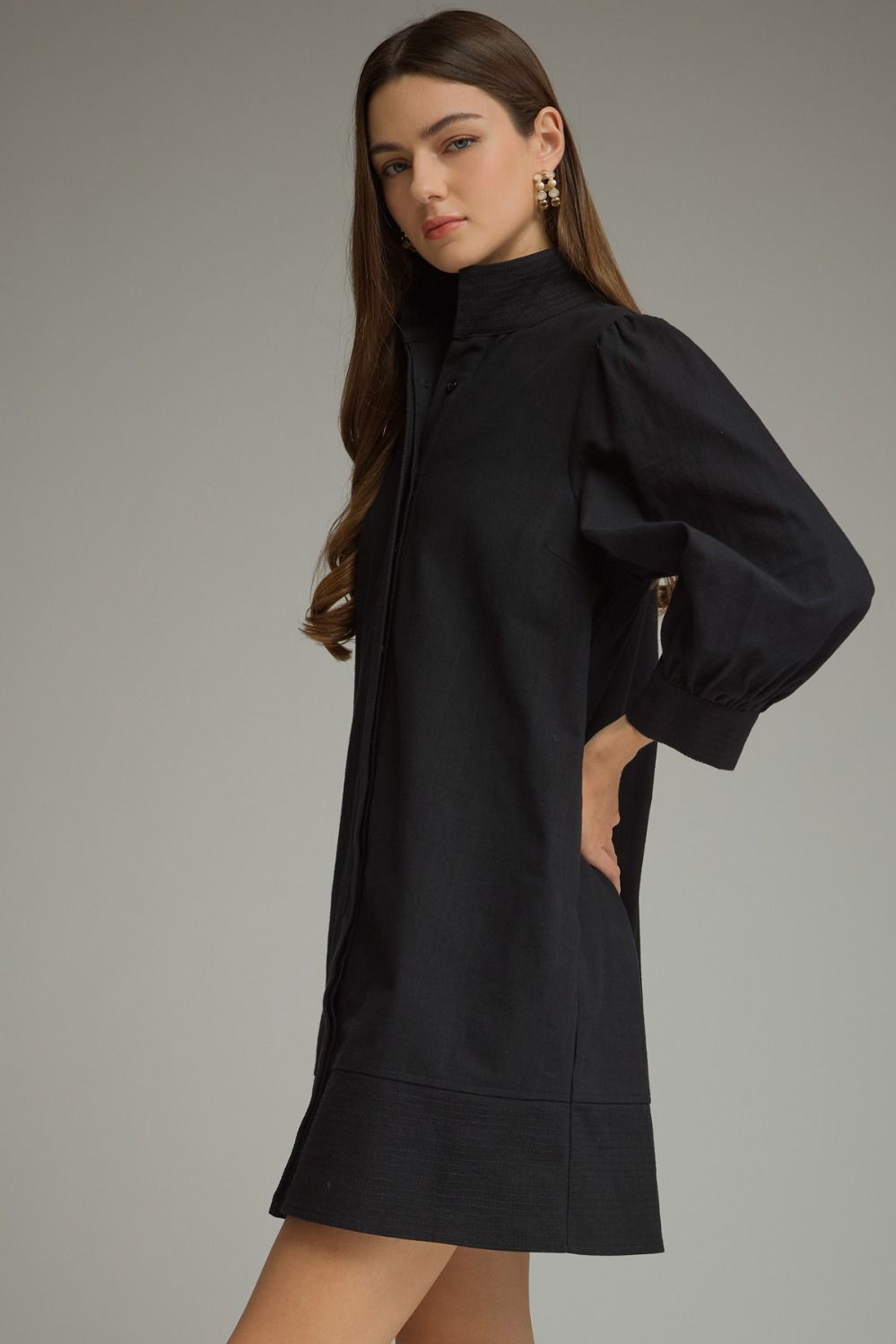 Stand Collar Balloon Sleeve Mini Dress