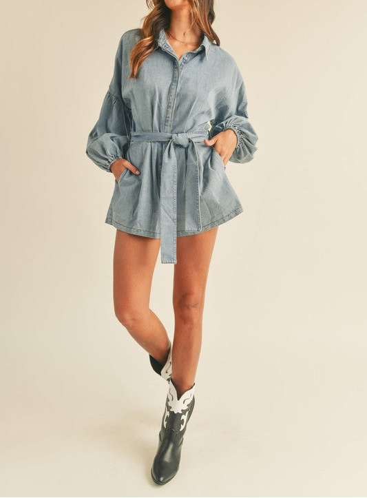 Denim Balloon Sleeve Romper