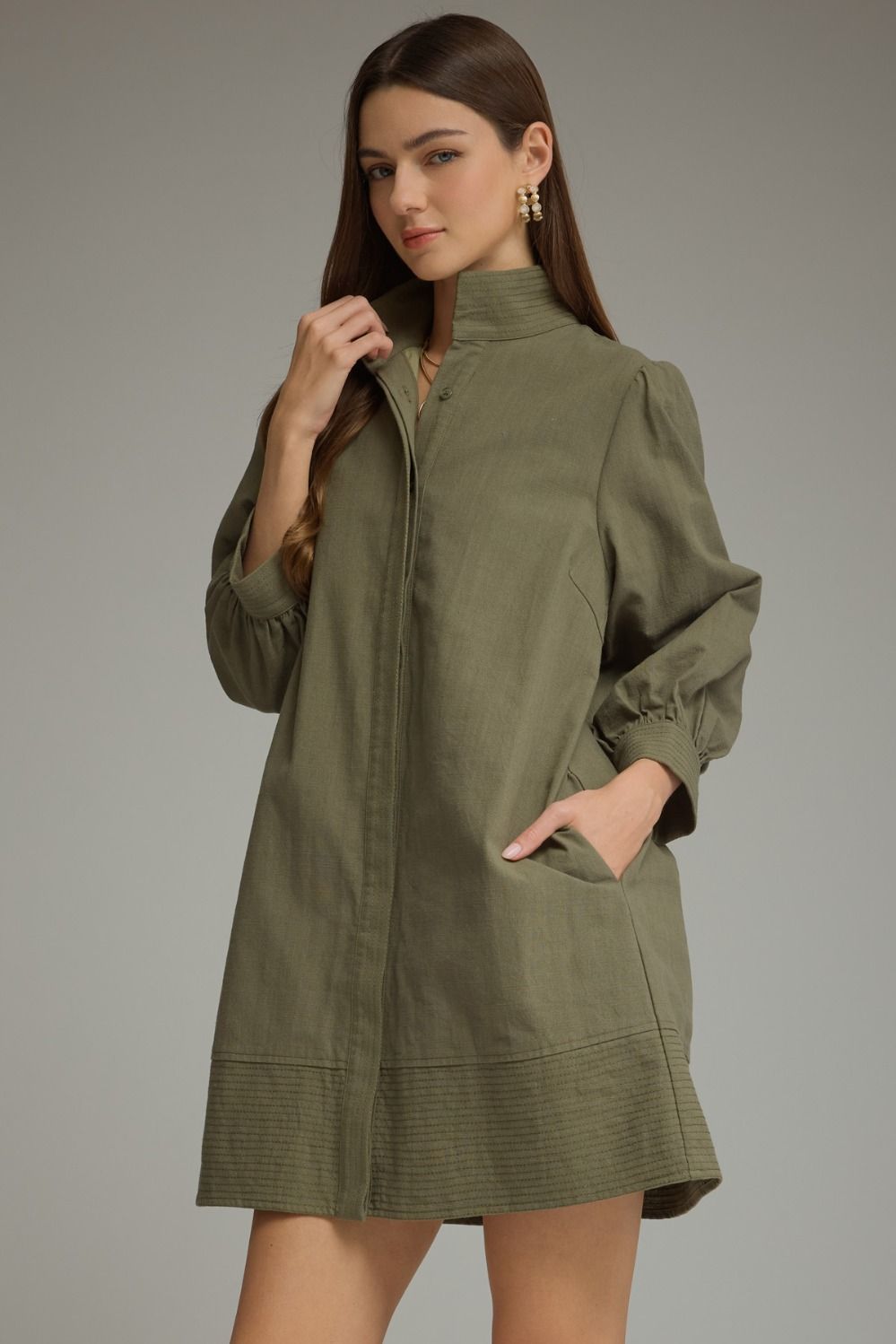 Stand Collar Balloon Sleeve Mini Dress