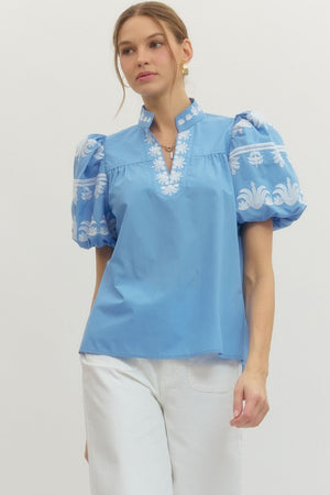 Embroidered Bubble Sleeve Top