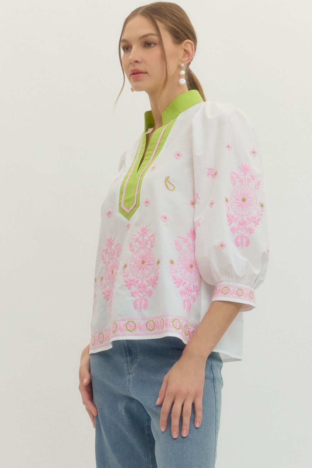 Floral Embroidered 3/4 Sleeve Top