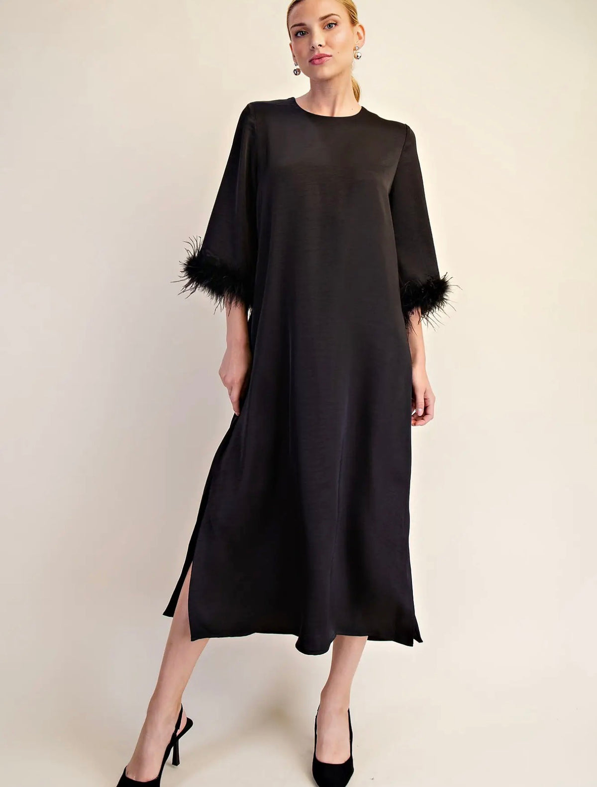 Feather Trim Evening Midi Dress