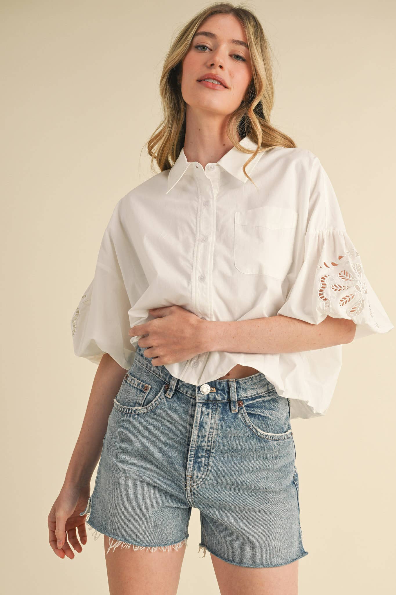 Embroidered Bubble Sleeve Top