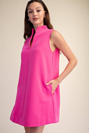 Stand Collar Slit V-Neck Sleeveless Dress (June Pre-Order)