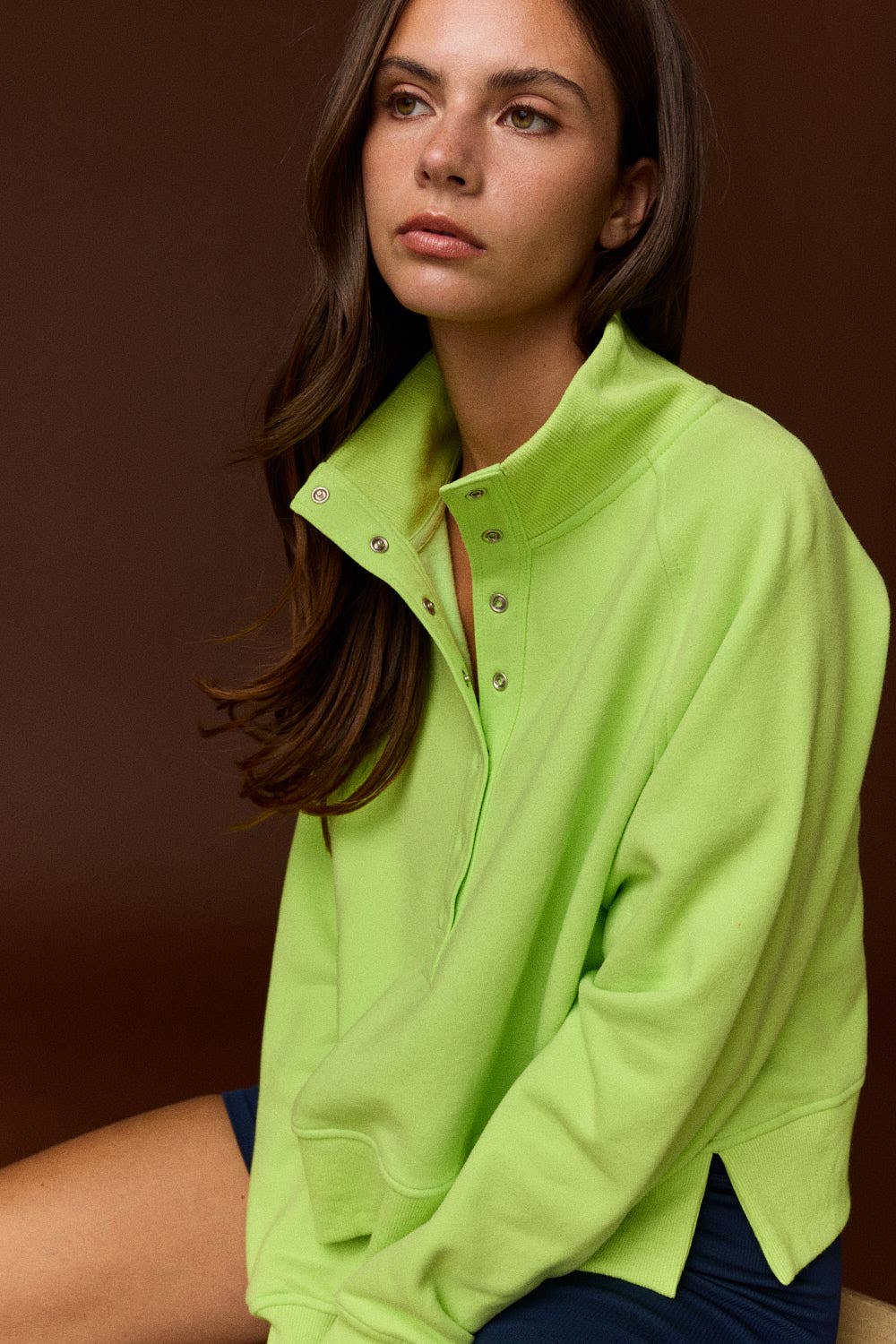Half-Snap Button Mock Neck Pullover