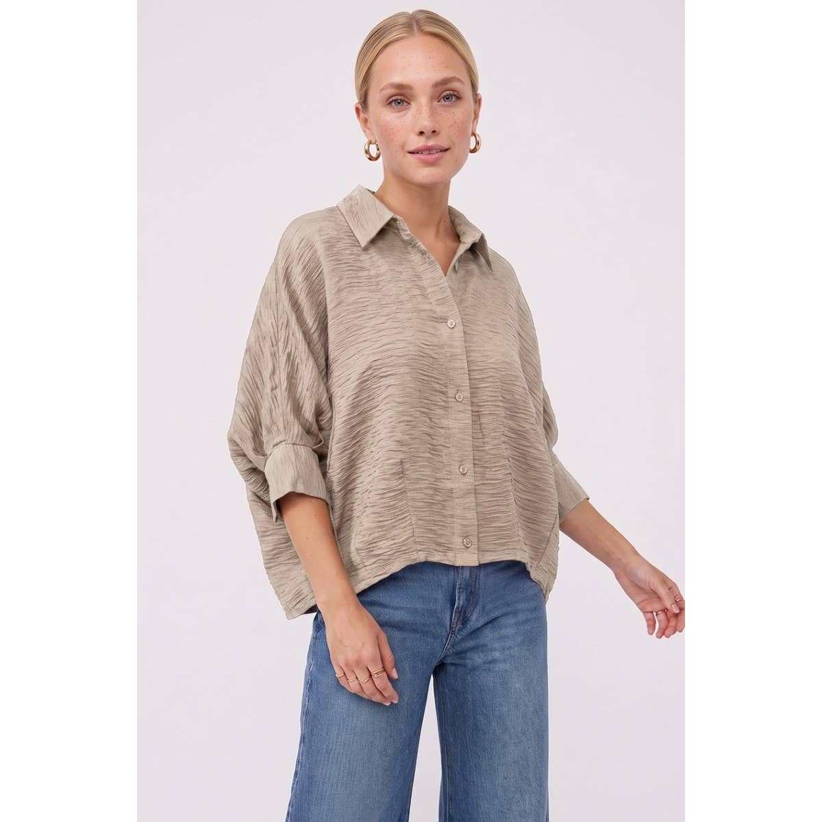 Textured Satin Dolman Short Sleeve Blouse