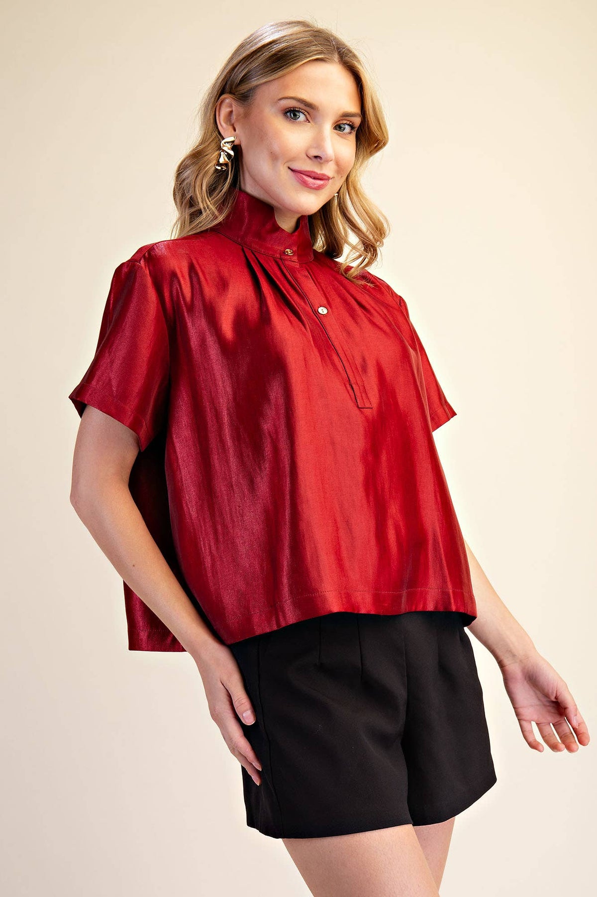 Stand Collar Button Placket Glossy Shirt