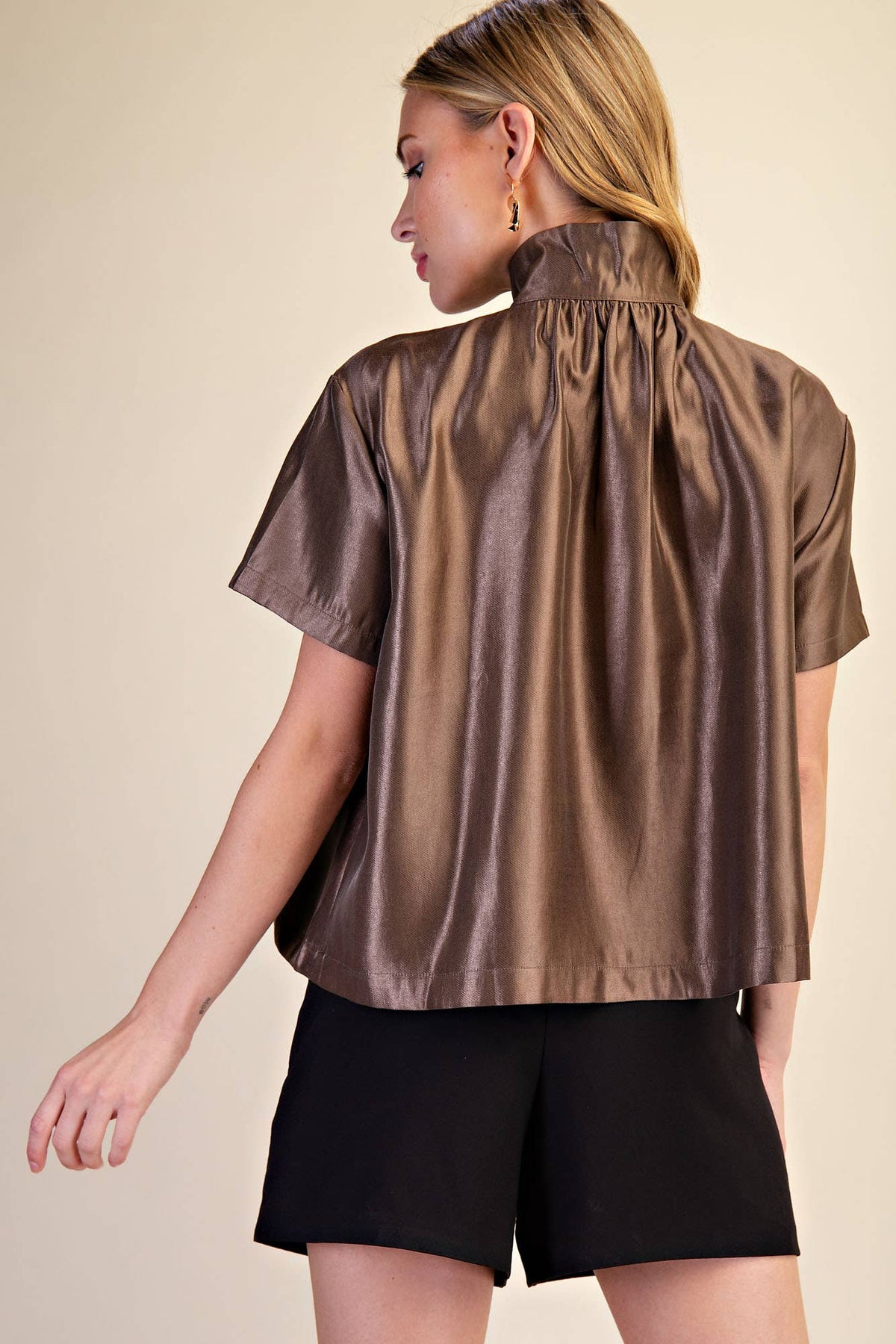 Stand Collar Button Placket Glossy Shirt