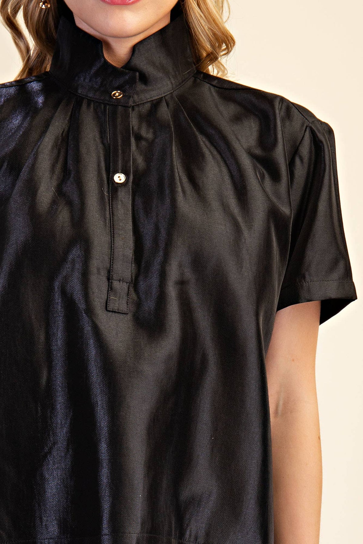 Stand Collar Button Placket Glossy Shirt
