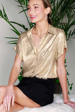 Collared Metallic Woven Top