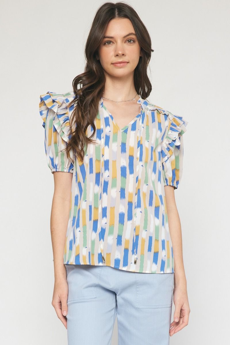 Printed Vneck Self Tie Blouse