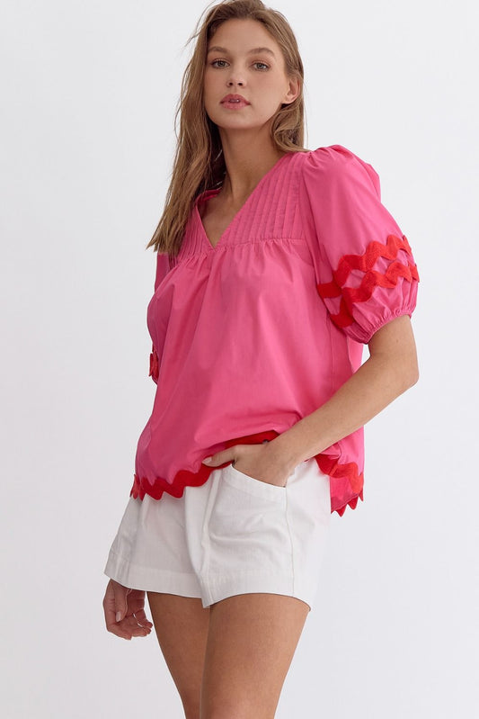 Ric Rac Detail Bubble Sleeve Top