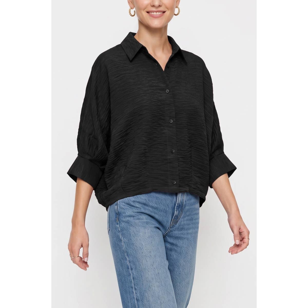 Textured Satin Dolman Short Sleeve Blouse