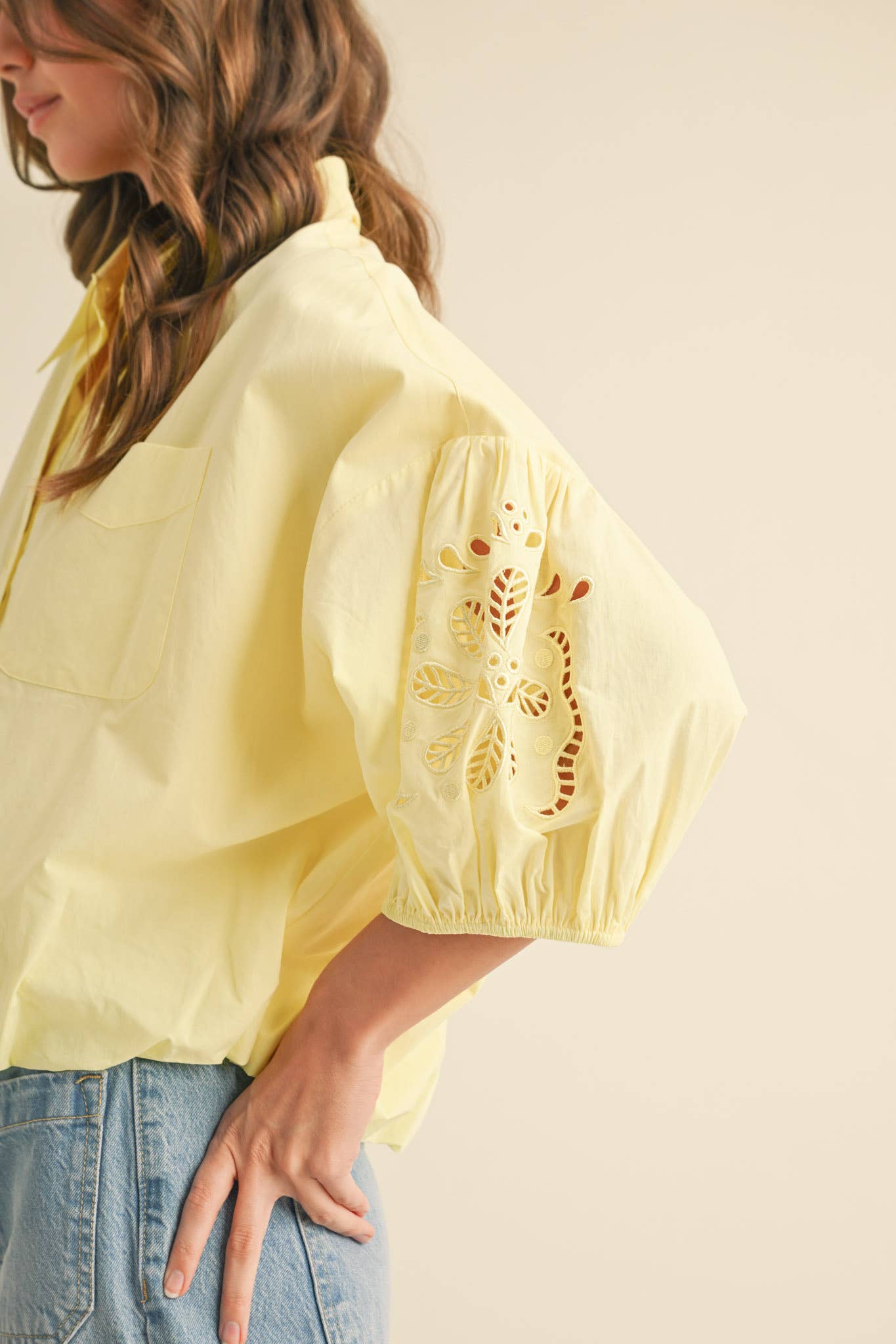 Embroidered Bubble Sleeve Top