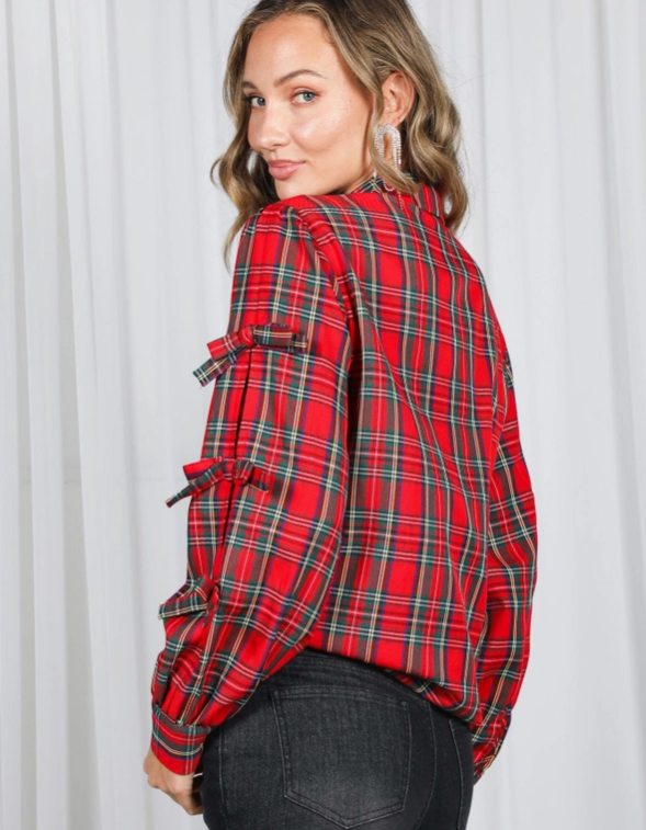 Bow Accent Plaid Blouse
