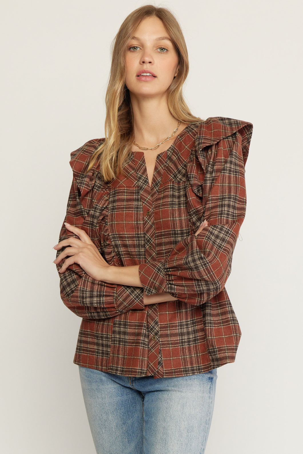 Ruffle Sleeve Plaid Top
