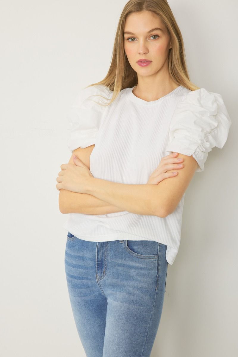 Ribbed Round Neck Puff Sleeve